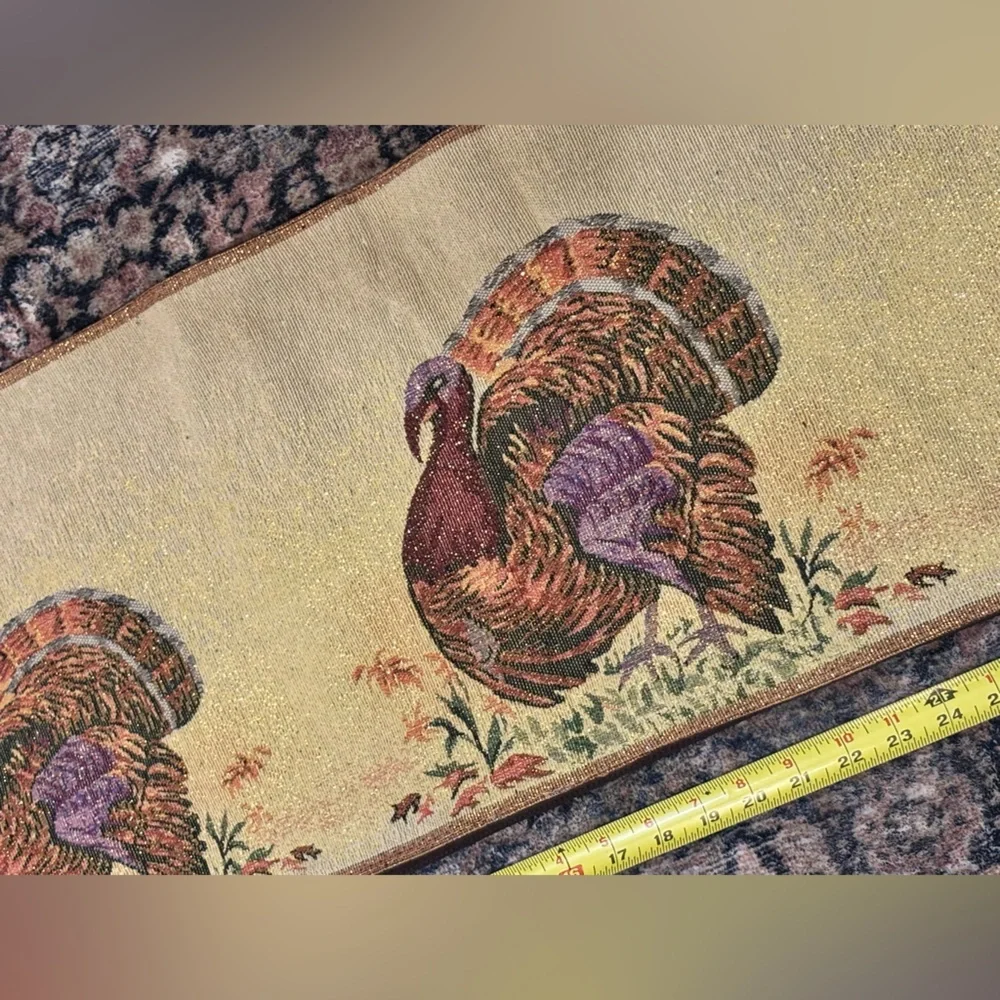Vintage Thanksgiving Turkey Table Runner Almost 70” length sparkly